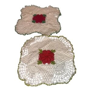 Vintage Handmade Crochet Rose Doilies Set of 2 Cream Red Green Lace 10x10 Square